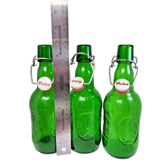 Lot Of 3 Vintage GREEN Embossed GROLSCH Beer Bottles Very Nice 9.5 inches Tall - Picture 6 of 6